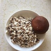 步骤图:五花肉切碎备用，香菇切丁。
