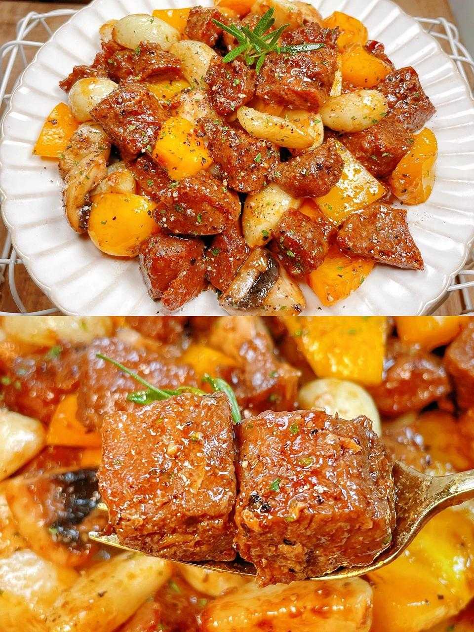 蒜香口蘑牛肉粒，嫩滑入味，真的巨好吃